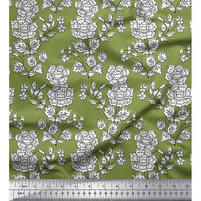 Soimoi Poly Georgette Fabric Leaves & Floral Block Print Sewing Fabric Yard 42 Inch Wide