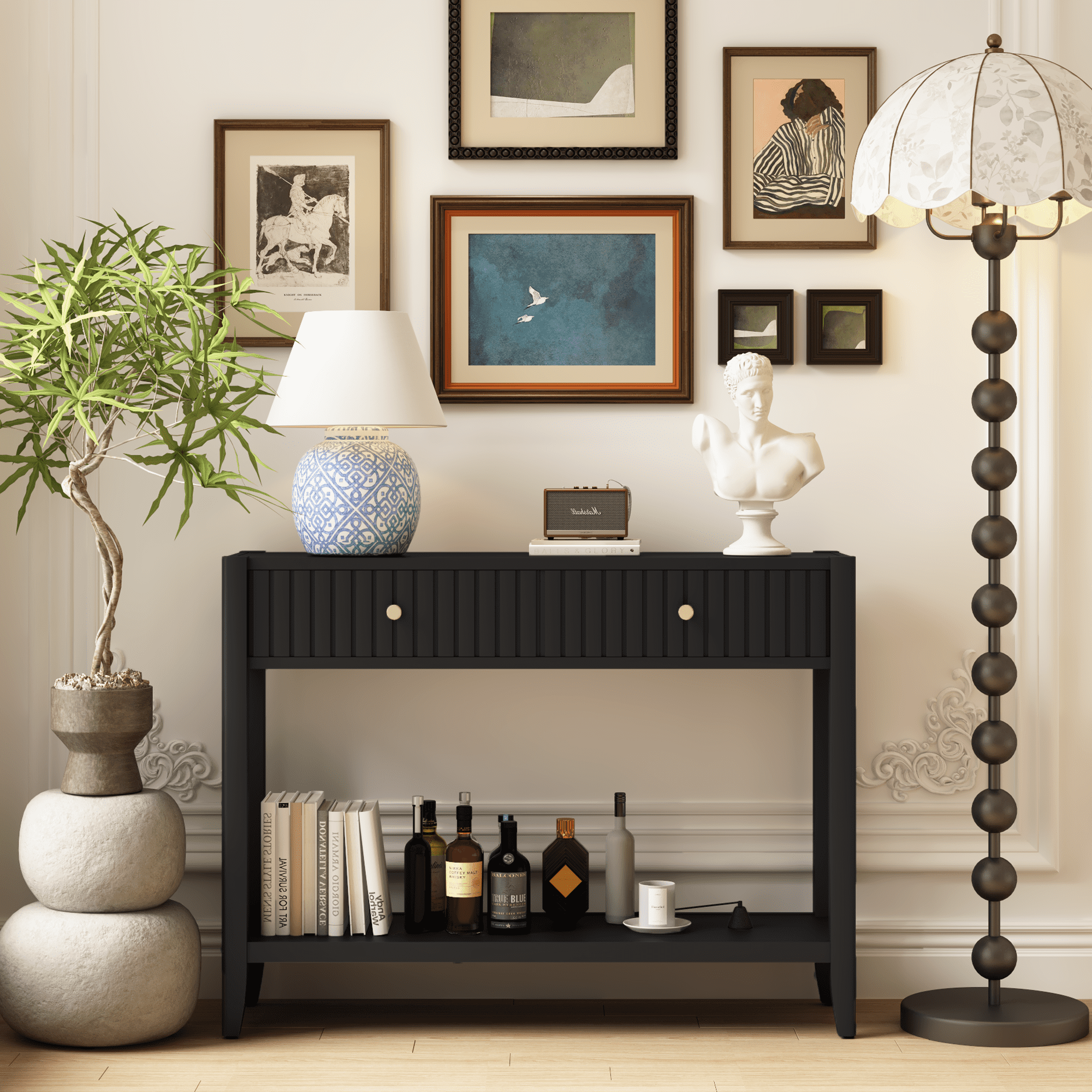 Leumius Console Table with Drawers, Narrow Wood Accent Sofa Table Entryway Table with Storage Shelf for Entryway Front Hall Hallway Living Room Black