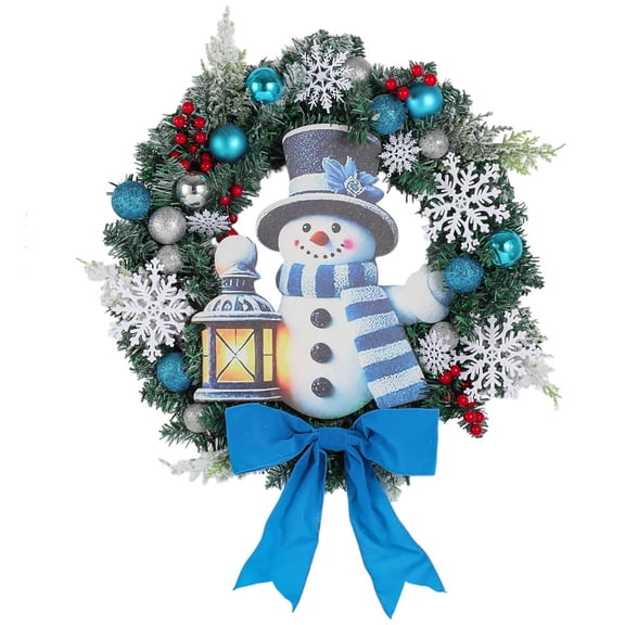 GUOOL 1 Multicolor Snowman Wreath Door Decoration 17.7 Inch Round Festive Hanging Loop with Snowflakes Lantern for Entryway Wall Window