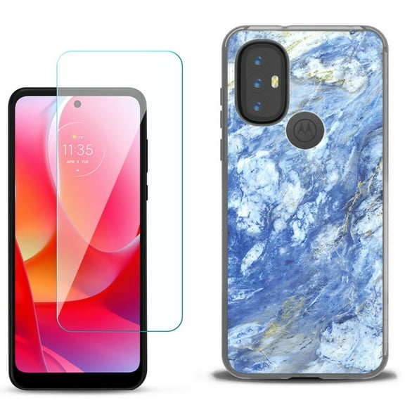 Slim-Fit Gel TPU Phone Case for Motorola Moto G Power 2022, with Tempered Glass Screen Protector, by OneToughShield ® - Marble / Gem Blue
