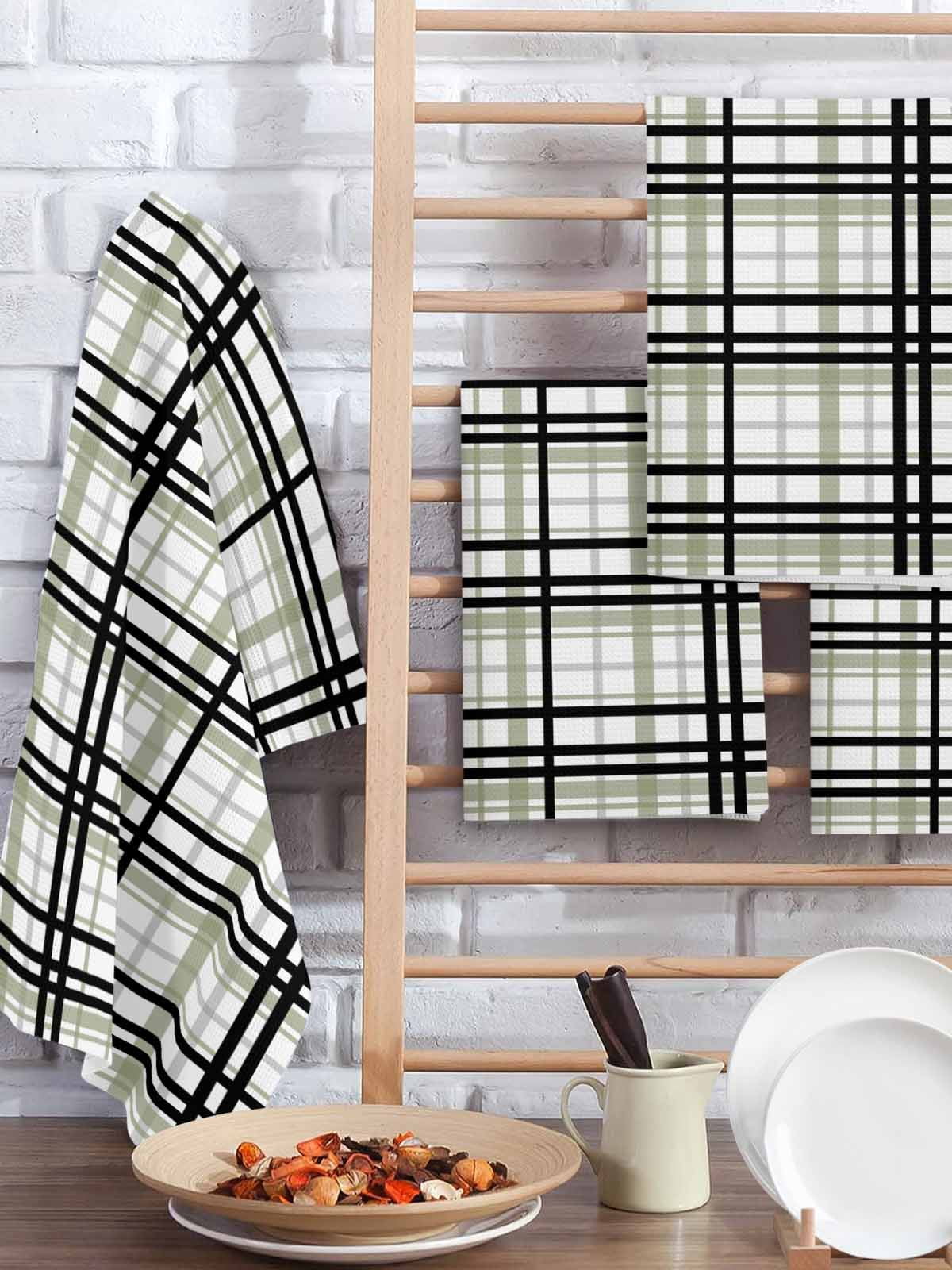 Sage Green Black Plaid Hand Towels Set,Waffle Weave Kitchen Towels 3 Pieces,Microfiber Hair Face Bath Tea Towel Absorbent Quick Drying Cleaning Dish Cloths,Farmhouse Green Black Checkered 15.7"x23.6"