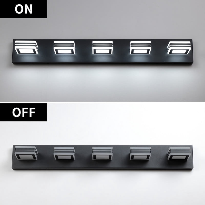 32" Modern 5 Light LED Vanity Light, Black Bathroom Light Fixture Over Mirror with Square Acrylic Shades, Wall Mounted Bathroom Lighting for Makeup, Bedroom, Powder Room