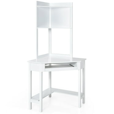 Triangle Study Desk Corner Computer Desk w/ Hutch & Keyboard Tray White