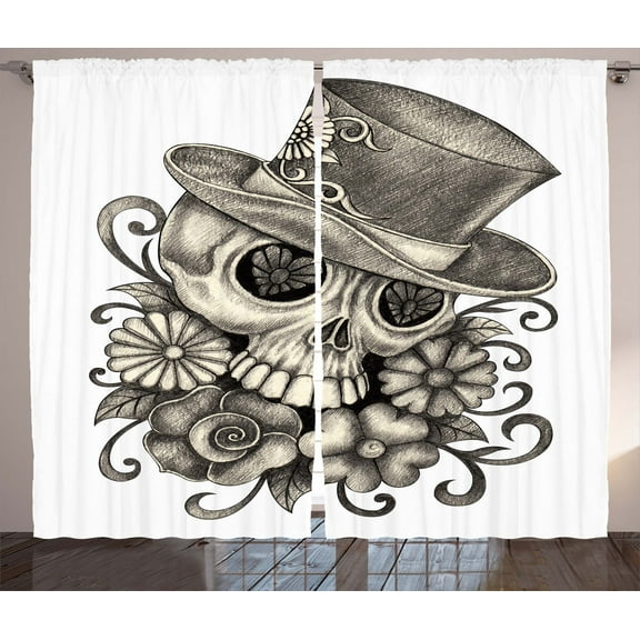 Ambesonne Colorful Curtains 2 Panel Set, Sketch Mexican, 108" x 90", Dimgrey and White