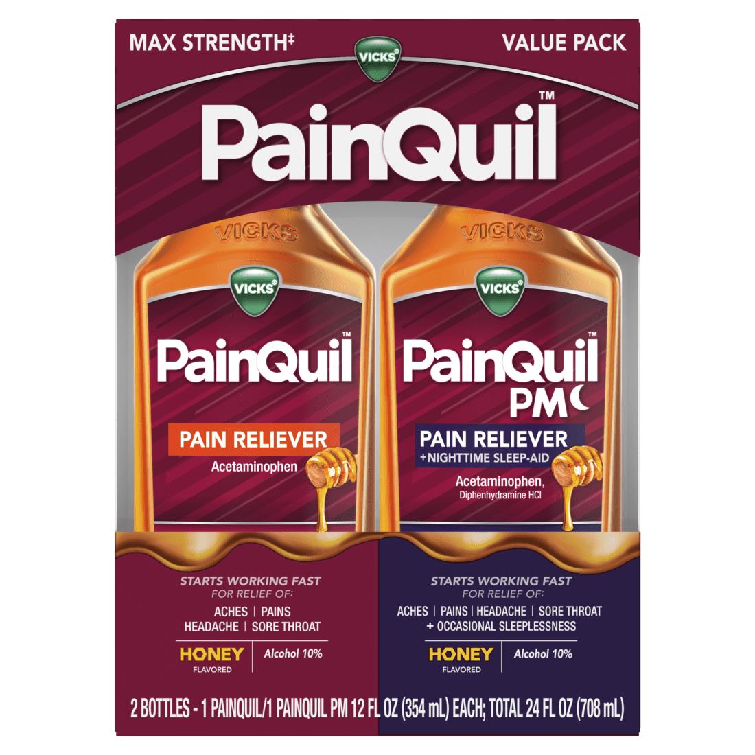 Vicks PainQuil Pain Relief and Nighttime Sleep Aid Liquids, Acetaminophen 1000mg, Honey, 2x12oz