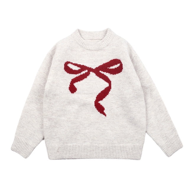 Bows for Girls, Cute Bow Thick Knit Round Neck, Girls Sweater