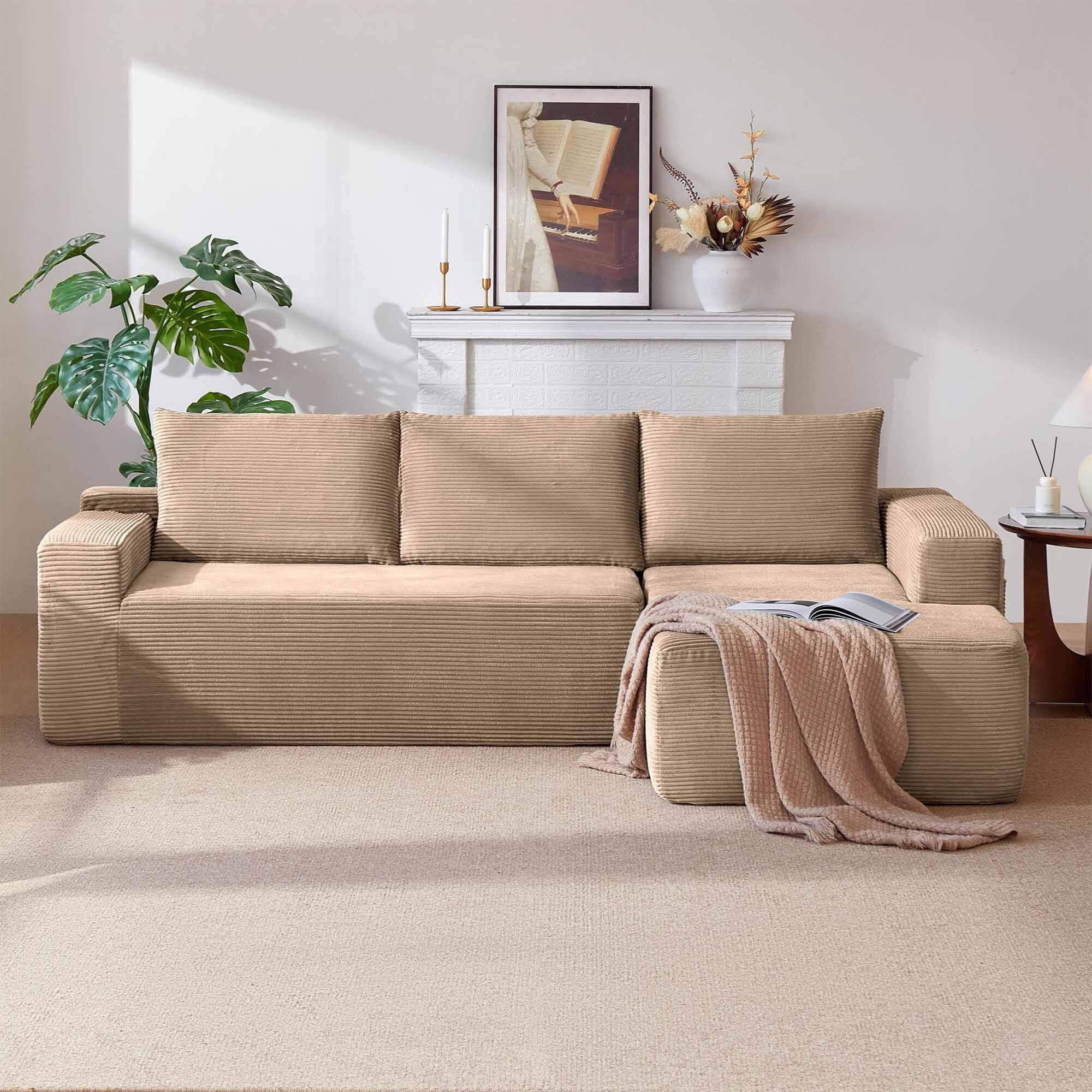 Lunale L-Shaped Modular Sectional Sofa with Movable Chaise, 3-Seater Boneless Cloud Couch for Living Room, Camel(Right Facing Chaise)