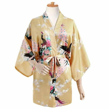 

Panda Superstore PL-HOM3737861-DORIS00014 Womens Silk-Like Short Bathrobe Kimono Robe Peacock & Blossoms Pajamas Yellow