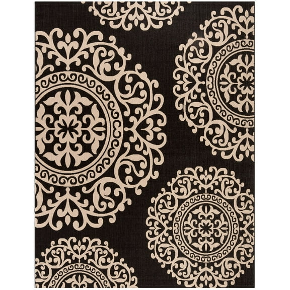 SAFAVIEH Courtyard Arda Geometric Indoor/Outdoor Area Rug, Black/Beige, 8' x 10'