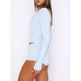 thumbnail image 4 of xiaxaixu Women's Summer Ribbed Loungewear Set, Solid Color Long Sleeve V-Neck Button Front Cropped Tops + Shorts 2 Pieces Sleepwear, 4 of 6