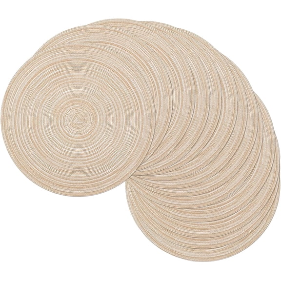 VALUNE 12 Pack 15 Inch Beige Round Woven Braided Placemats, Washable Dining Table Mats for Daily Kitchen and Party Table Decoration
