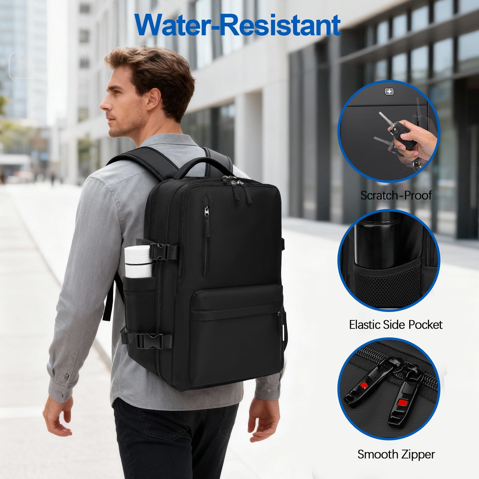 Fenbeli Expandable Travel Laptop Backpack, Fits 15.6-Inch Laptop, Water-Resistant Backpack with USB Charging Port, Anti-Theft Pocket & Luggage Strap