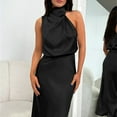 thumbnail image 4 of safuny Women's Tea Length Straight Dress Silk Solid Satin Pleated Trendy Dresses Sleeveless Elegant Cocktail Wedding Evening Party Holiday Black XL, 4 of 9