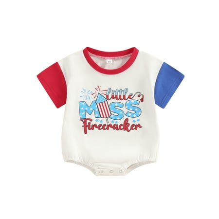

Caitzr Newborn Baby Boy Girl 4th Of July Patriotic Romper Letter Firework Print Contrast Color Short Sleeve Bodysuits Summer Jumpsuits