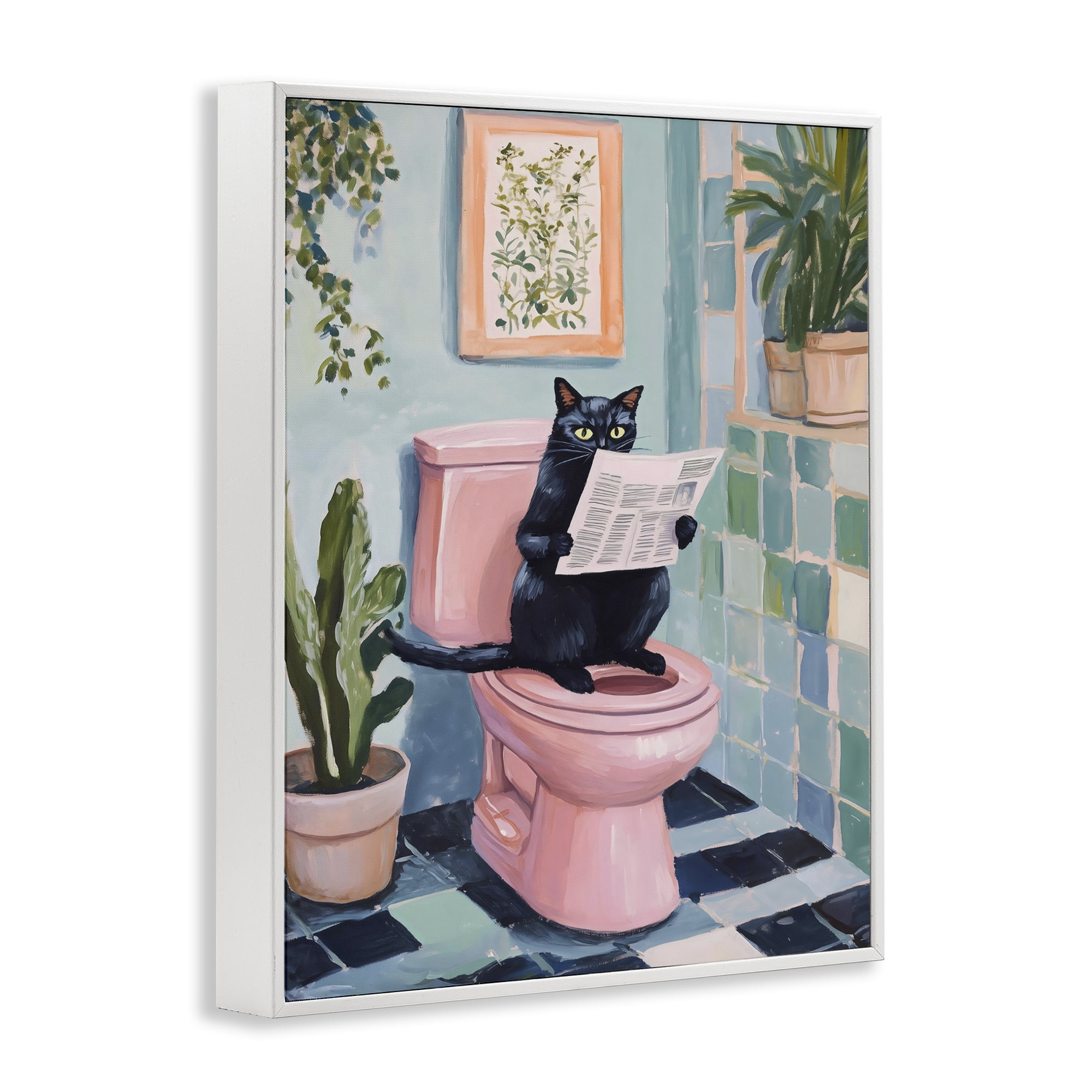 Stupell Industries Cat Reading on Pink Toilet White Framed Giclee Art, design by The Prints Vibe