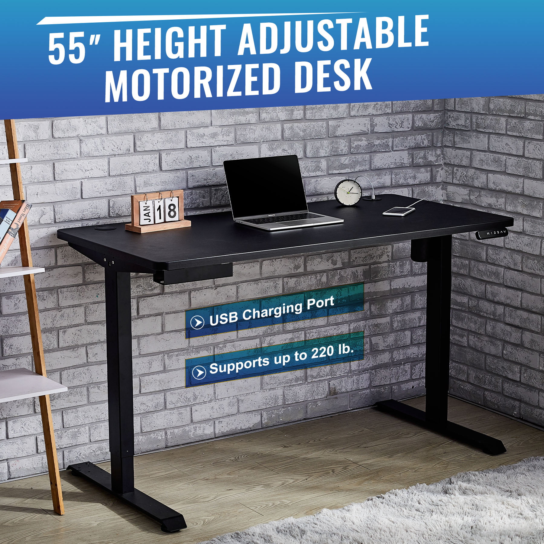 55" Height Adjustable Motorized Standing Desk w USB for Home Office Dorm Black 