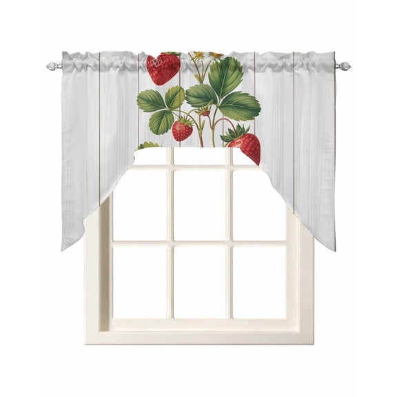 Strawberry Swag Valances for Windows, Small Curtains Drapes, Vintage Green Botanical Spring Floral Kitchen Window Curtains Over Sink Rod Pocket Window Treatment Valance for Bedroom/Bathroom 56"x36"