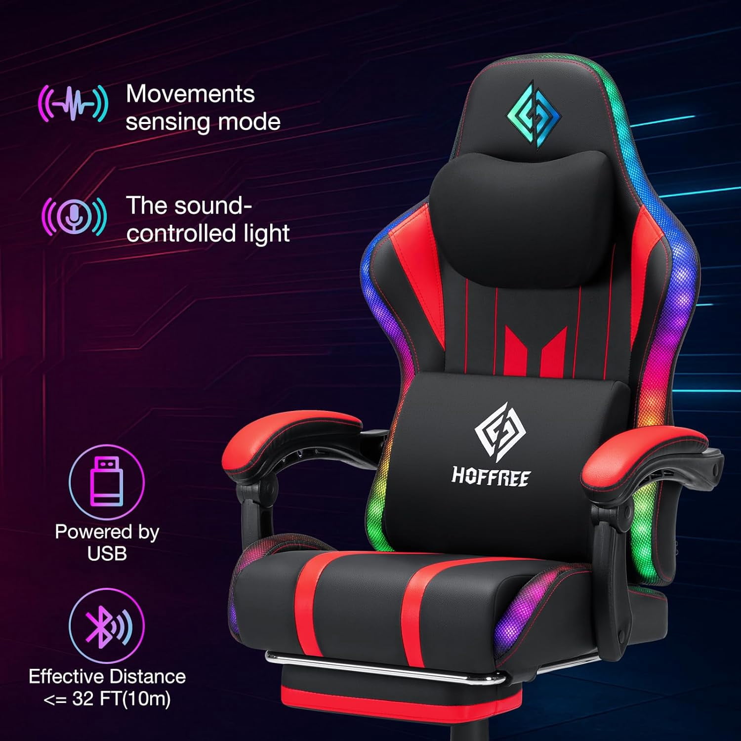 HOFFREE Massage Gaming Chair with Speakers, Leather Game Chair with Bluetooth and Music Rhythm RGB Lights, Big and Tall Gamer Chair with Footrest for Adults, Ergonomic Video Game Chair with Headrest