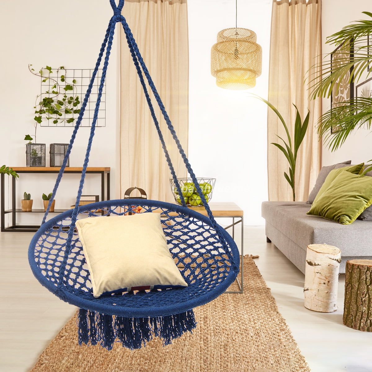 Hanging Hammock Mesh Cotton Nylon Rope Macrame Wooden Bar Chair