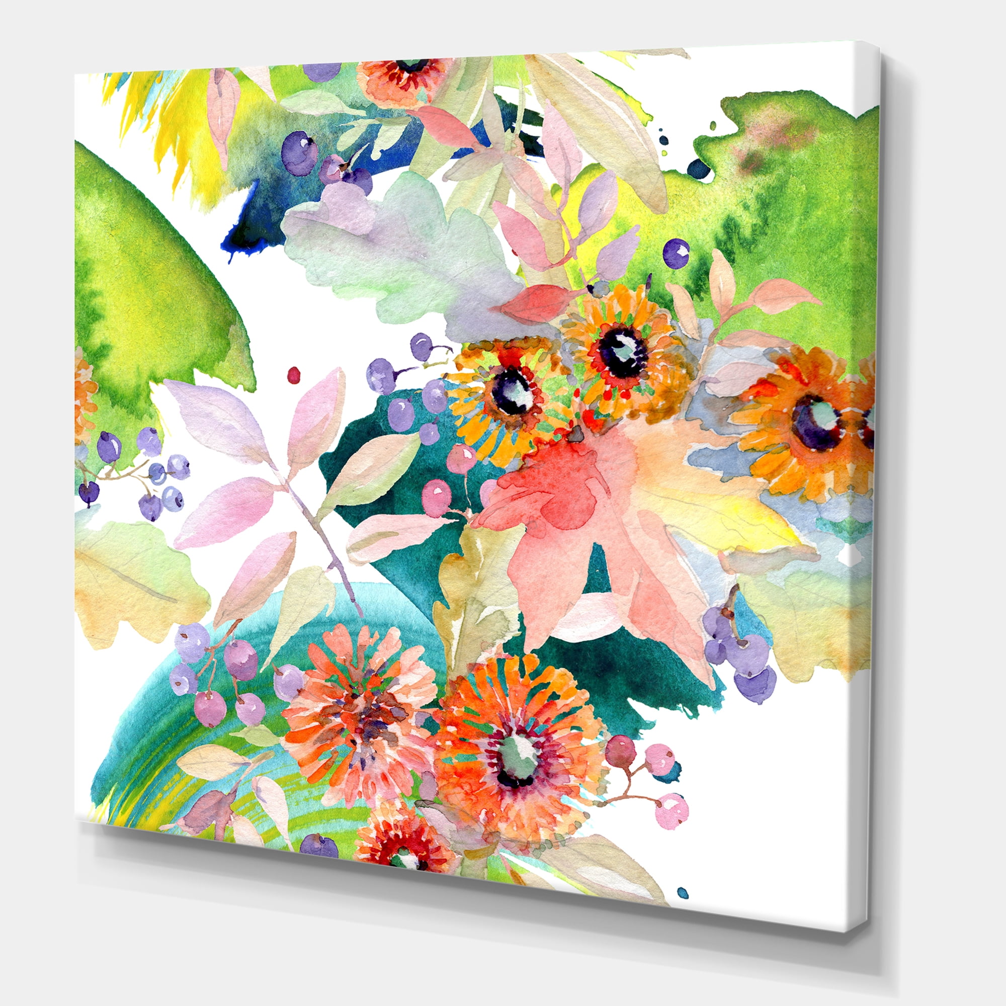 Designart ' Vital Wild Spring Leaves and Wildflowers III ' Modern Canvas Wall Art Print
