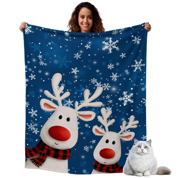 Christmas Cartoon Cute Reindeer Throw Blanket Flannel Fleece Throws, Winter Snowflake on Blue Lightweight Super Soft Warm Blankets for Couch Sofa Bed All Season Use,30x40 IN