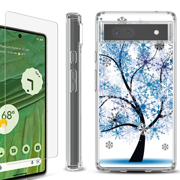 Shockproof Bumper Phone Case for Google Pixel 6a, with Tempered Glass Screen Protector, by OneToughShield ® - Snowflakes Tree