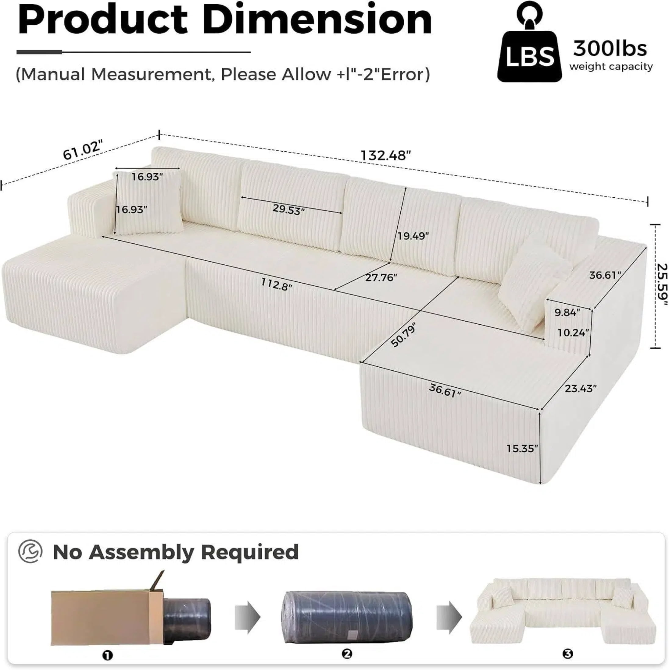 AISWORD 132" U Shaped Modular Sectional Sofa, Comfy Cloud Boneless Sofa with Chaise and Side Pockets, Memory Foam Sleeper Sofa for Living Room, Beige