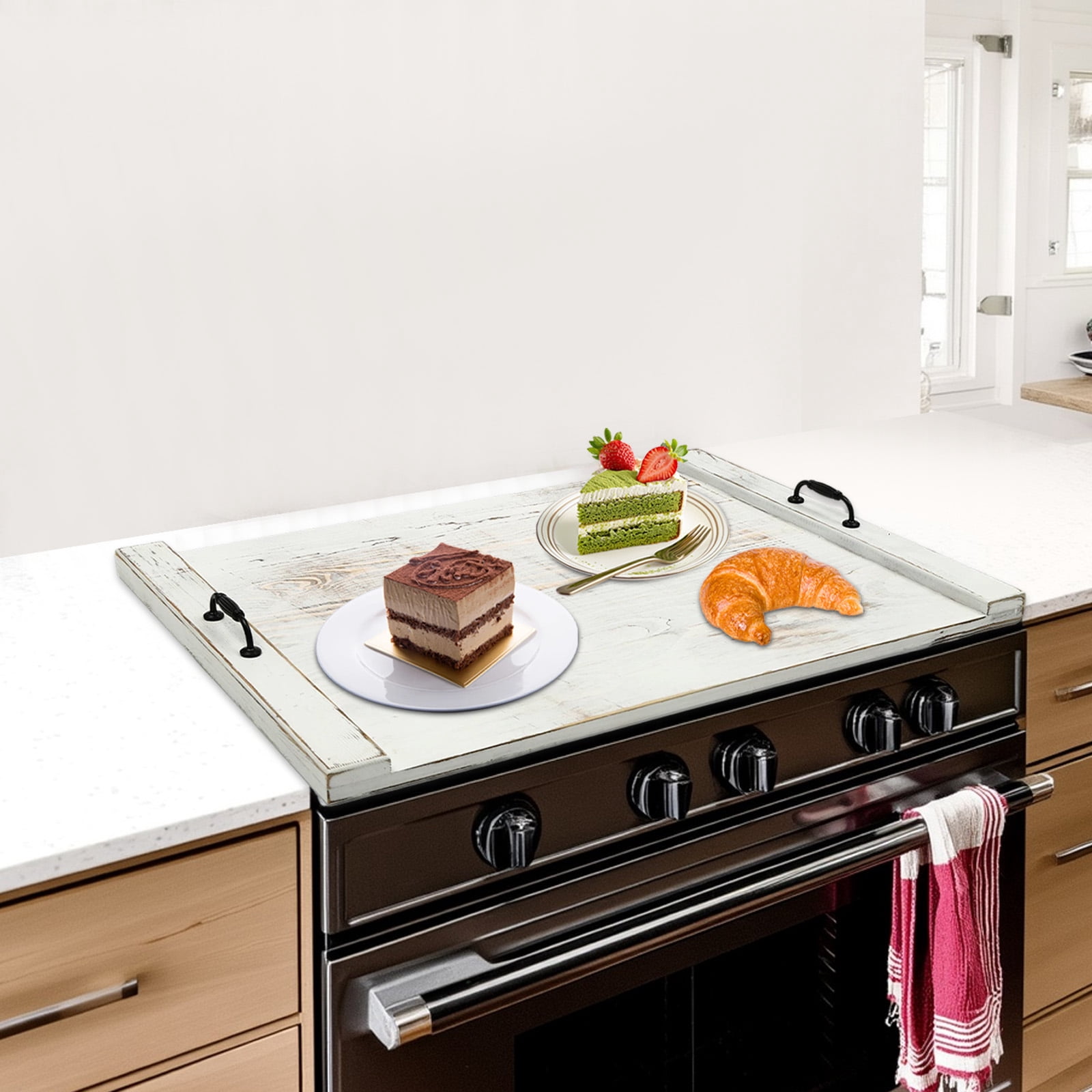 Noodle Board Stove Cover with Handles, Pine Wood Stove Top Cover, Stove Top Cutting Board, Counter Space Top Covers for Kitchen Noodle Board Gas Stovetop 22 * 30inch (white)