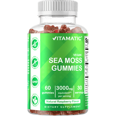 Vitamatic Irish Sea Moss Gummies - 3000 mg - 60 Vegan Gummies - Made with Bladderwrack & Burdock Root - Seamoss Supplement for Thyroid, Energy, Immune Support