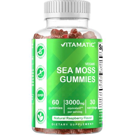 Vitamatic Irish Sea Moss Gummies - 3000 mg - 60 Vegan Gummies - Made with Bladderwrack & Burdock Root - Seamoss Supplement for Thyroid, Energy, Immune Support