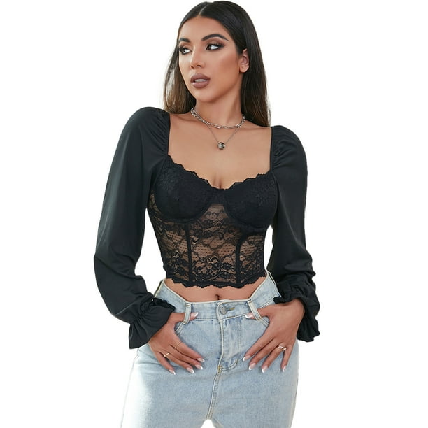 TRKIYQC Mujeres Moda Salvaje Crop Tops Floral Encaje Escote Corazon Manga Larga Fishbone Blusas TRKIYQC moda Walmart en linea