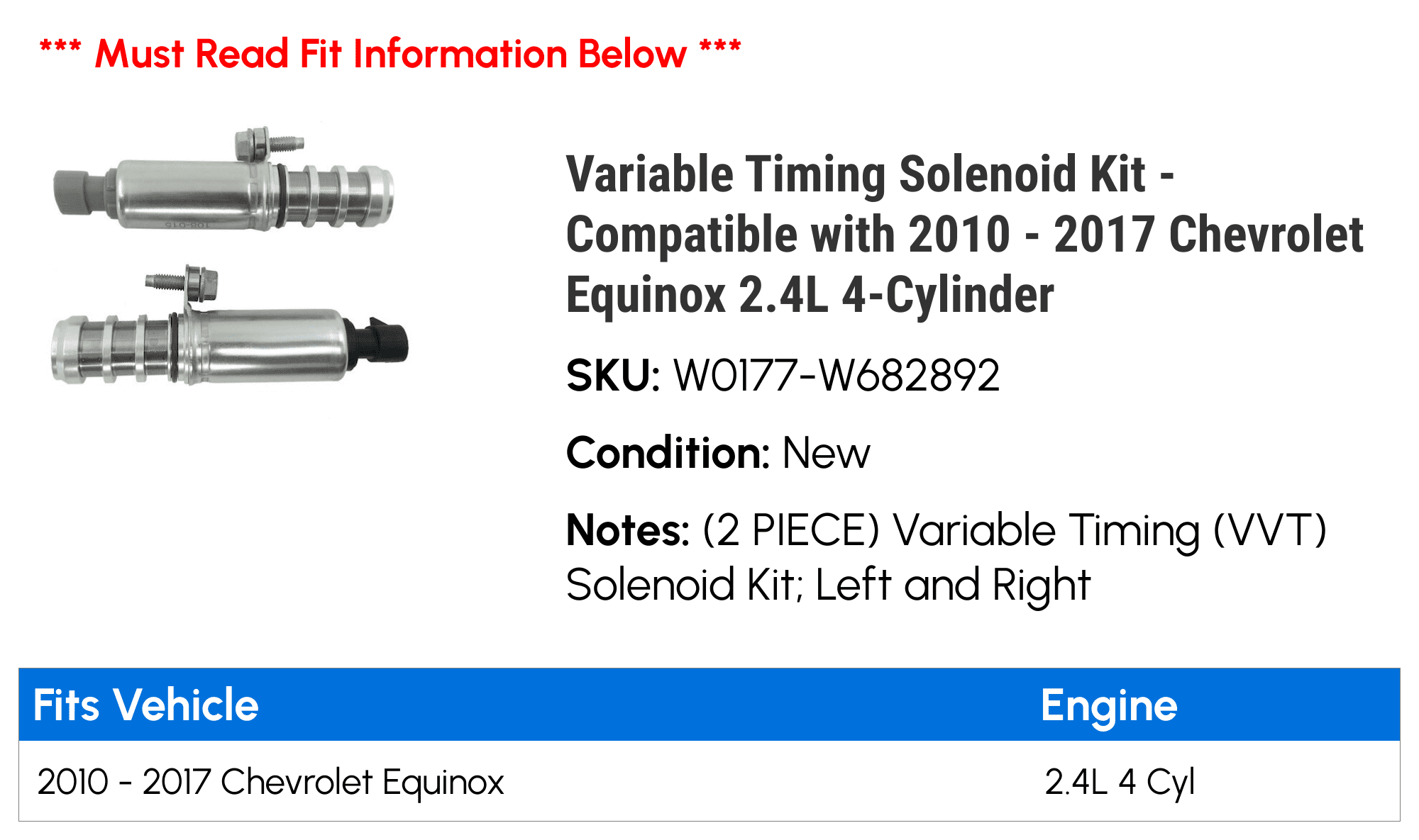 VVT Variable Timing Solenoid Kit - 2-Piece - Compatible with 2010 - 2017 Chevy Equinox 2.4L 4-Cylinder 2011 2012 2013 2014 2015 2016