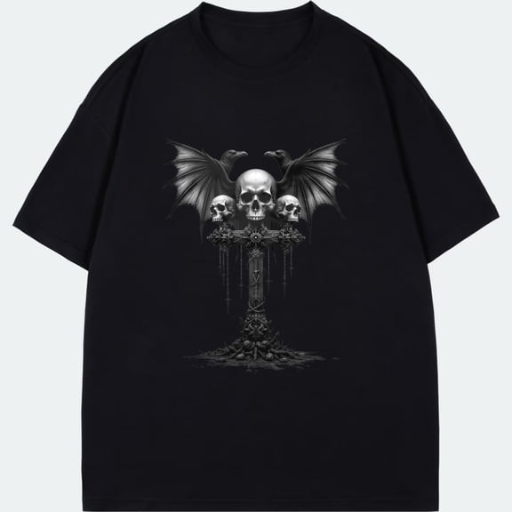 Men's T Shirt Black Skull And Bat Wings Gothic Cross Design Casual Wear