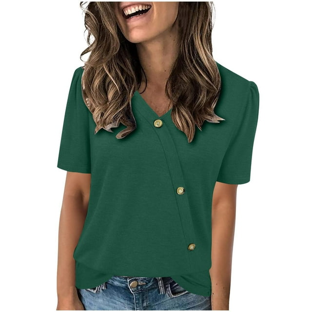 Tops de Color Sólido para las Mujeres, Botón de Cuello en V de Manga Corta, Top de Moda Casual para las Mujeres