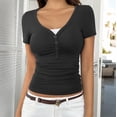 thumbnail image 2 of FRSASU Womens Short Sleeve Shirts V Neck Rib Knit Slim Fit Tops Casual Stretch Basic Tee Going Out Top Summer Fashion Black, 2 of 6