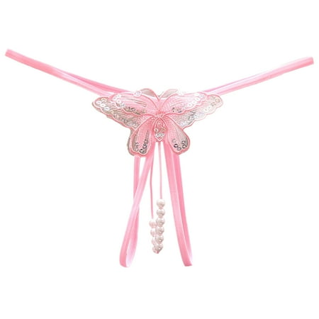 

CLZOUD Lady s Underware Pink Lace Women Embroidered Butterfly Beads Massage Thong Low Rise Open Range Sequins Underpants