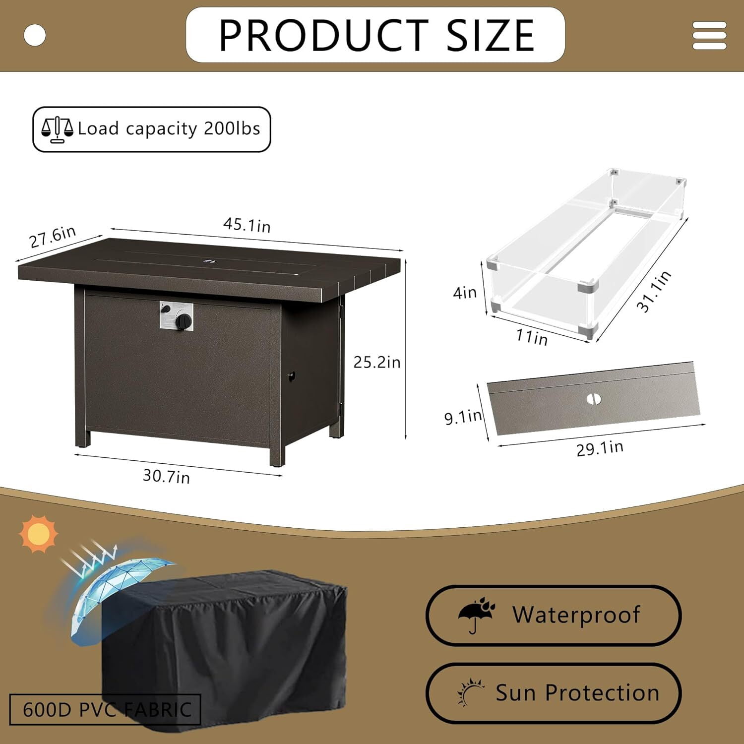 ASJMR 45" Aluminum Propane fire Pit Table Outdoor 55000 BTU with Glass Wind Guard and Metal Lid