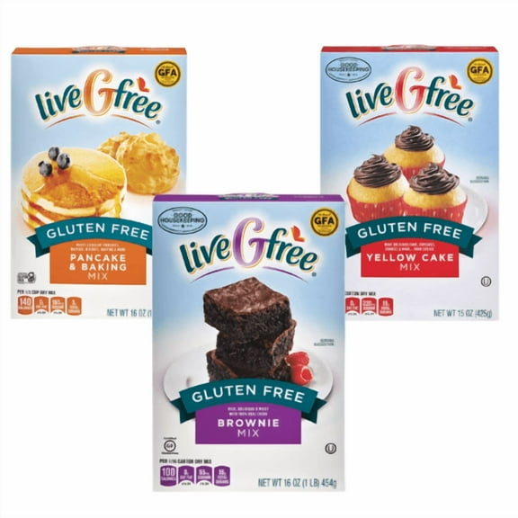 liveGfree Gluten Free Pancake and Baking , Yellow Cake ,Brownie Mix 3 Pack Variety