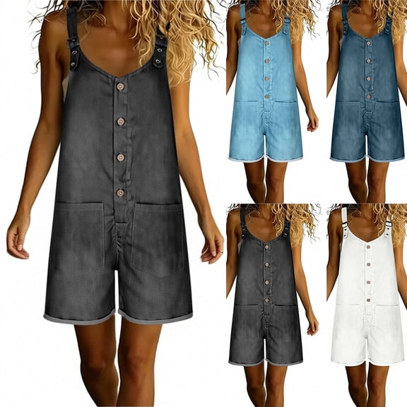 Ailaofu Womens Adjustable Strap Denim Overalls Shorts Button Front Casual Loose Fit Romper Shorts with Pockets