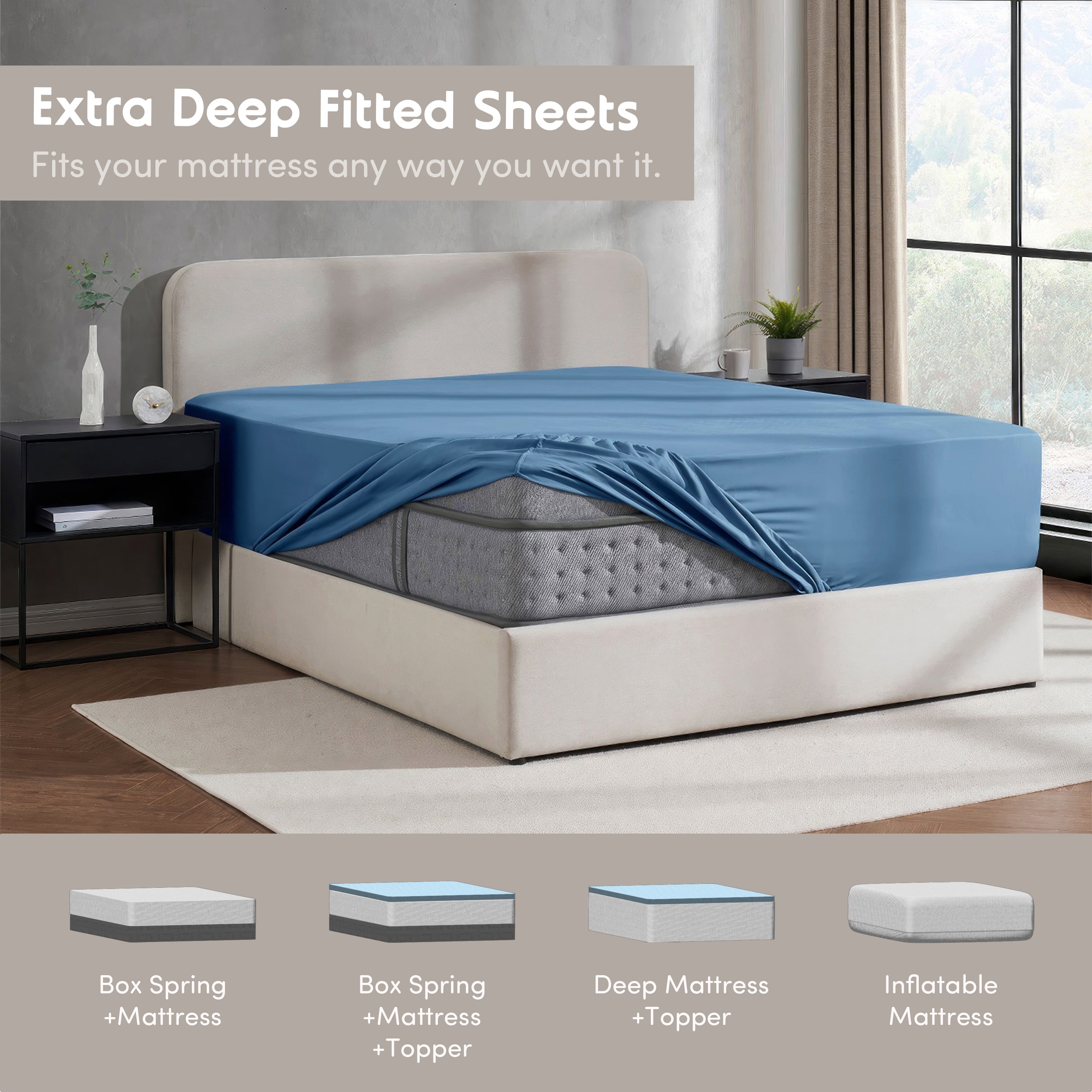 LammaLoe Extra Deep Pocket California King Fitted Sheet Only, Fits 18" to 24" Mattress, Soft Microfiber Fitted Bed Sheet, Blue Heaven