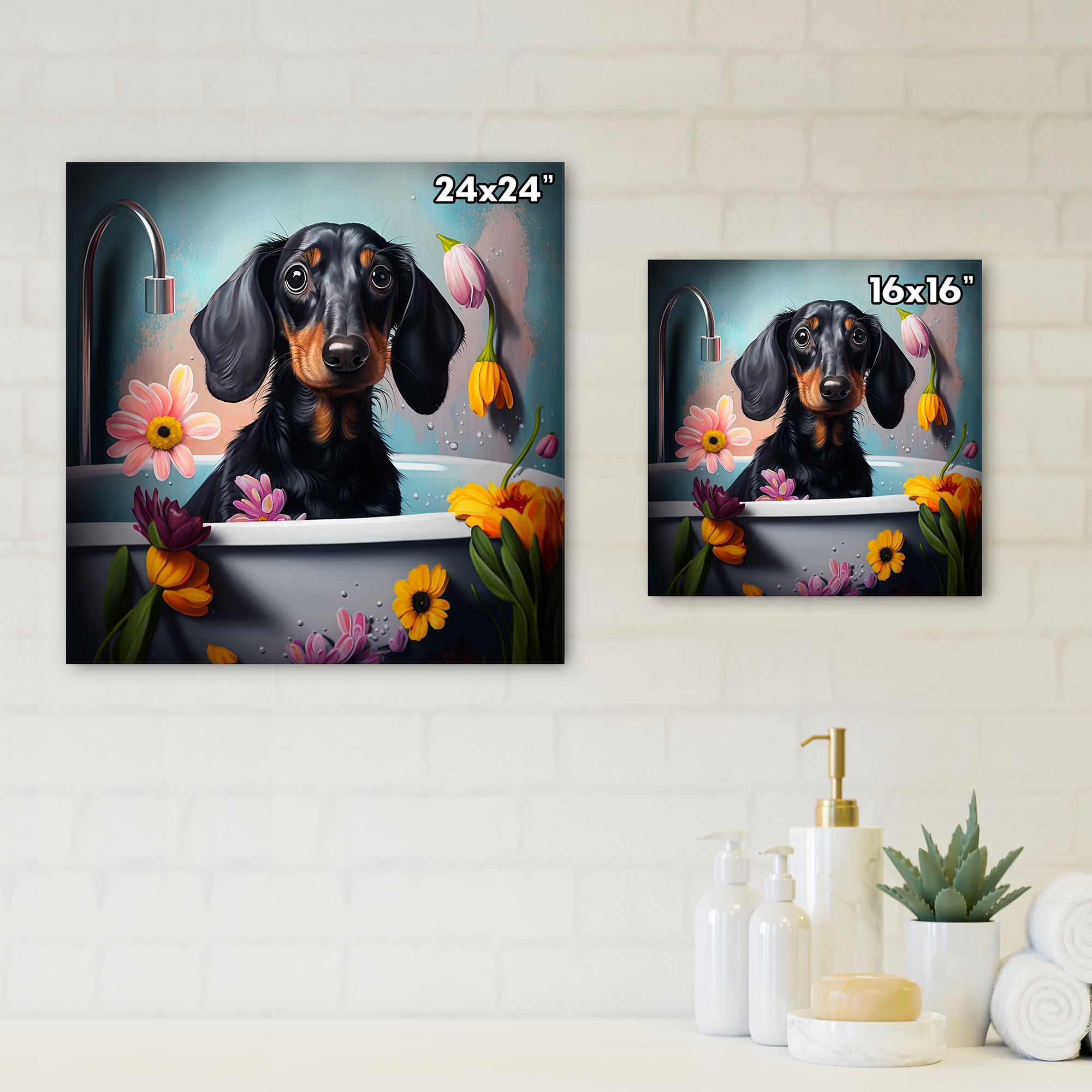 Designart Funny Dog In The Bath With Blooming Flowers II Canvas Wall Art
