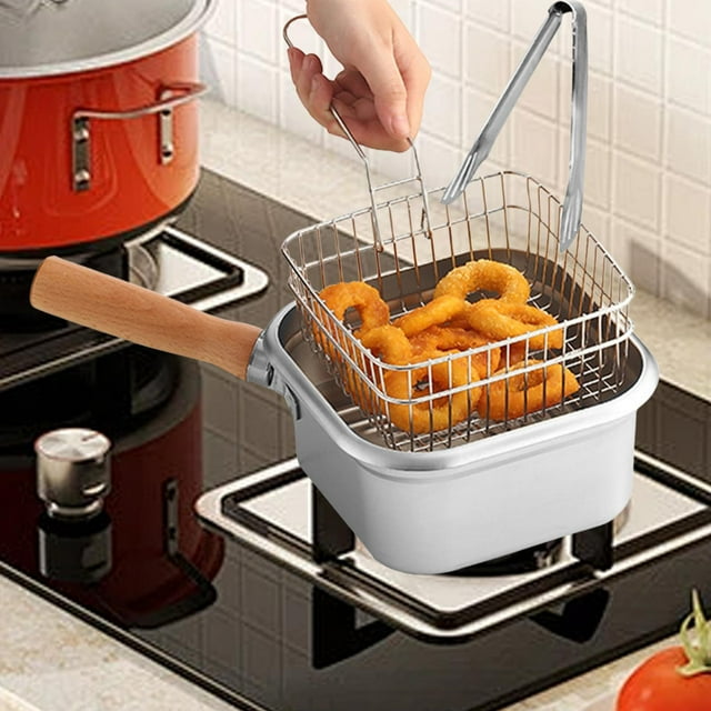 Freidora pequeña con cesta, asa de fácil agarre, sartén cuadrada con pinzas para alimentos, ligera para patatas fritas, dumplings, patatas fritas y