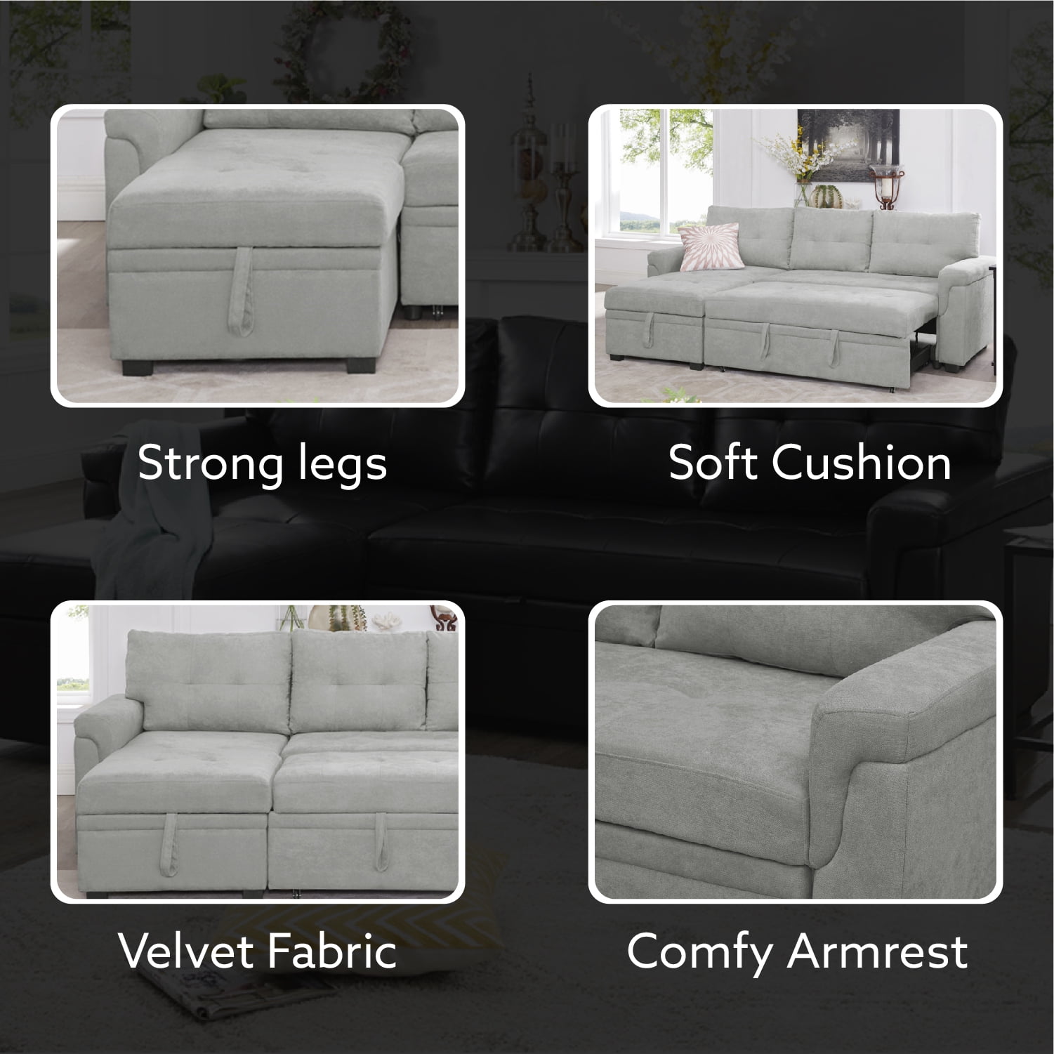 Laura Gray Velvet Sectional Sleeper Sofa Bed with Storage Chaise, Pull Out Couch