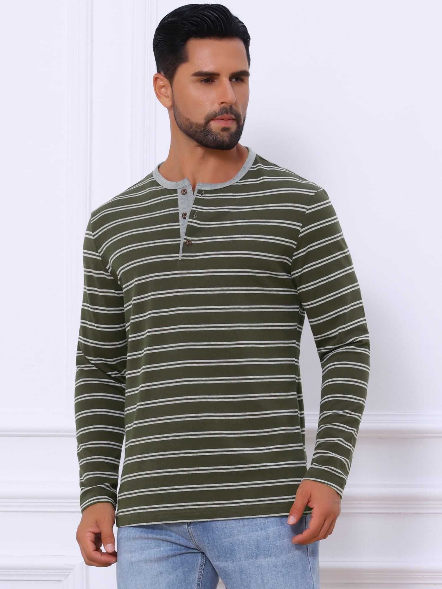 DARING DIVA Men's Long Sleeve Contrasting Colors Striped Henley T-Shirt S Dark Green