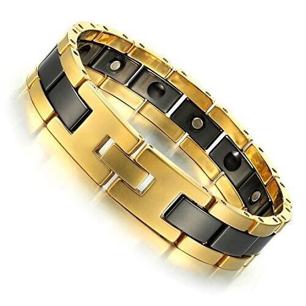 8.25" Mens Gold & Black Bracelet Two-Tone Tungsten Ceramic & Magnets and Fancy Box.