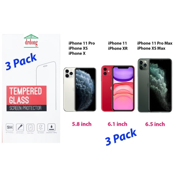 drdong-Screen Protector, 1 Pack for iPhone 11 Pro, Xs, X, 1 Pack for 11,XR, One Pack for 11 Pro Max, Xs Max, Tempered Glass, Anti Fingerprint, Anti Scratch, Case Friendly, 5.8, 6.1, 6.5-Inch, 3-Pack