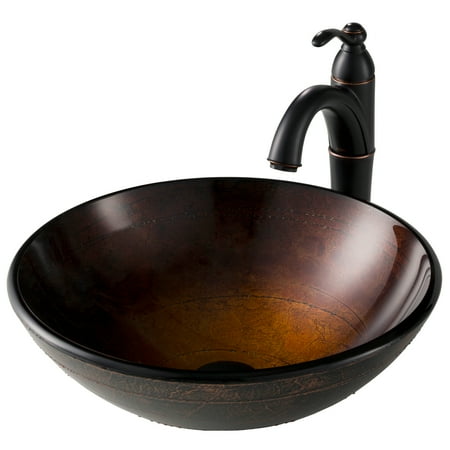 Copper Vessel Faucet (KRAUS Copper Brown Glass Bathroom Vessel Sink and Riviera™ Faucet Combo Set with Pop-Up Drain, Oil Rubbed Bronze)