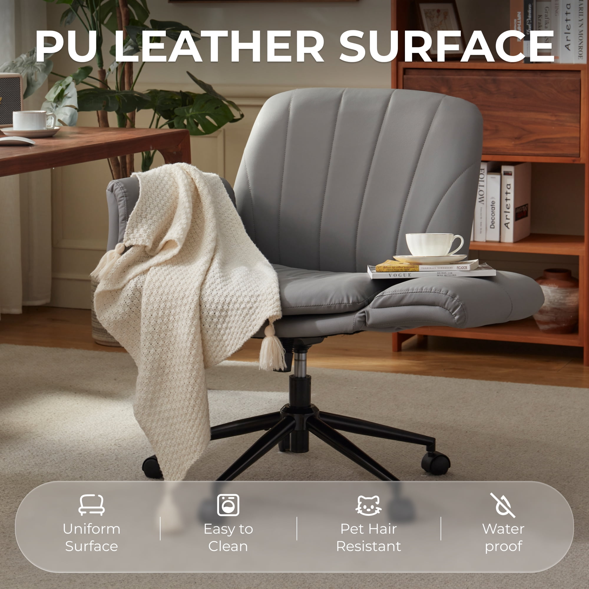 GOOSEA Adult PU Leather Criss Cross Indoor Makeup and Gaming Swivel and Adjustable Arms Office Chairs, Gray