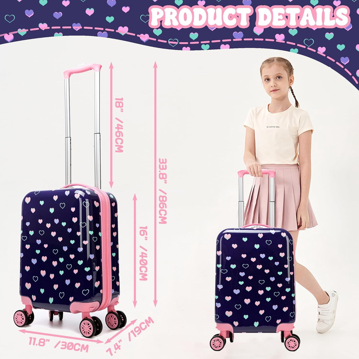 Kids Luggage Sets 5 Piece Suitcases with Wheels for Girls Women Hardshell Suitcase Set with Travel Pillow for Airplane Travel Essential