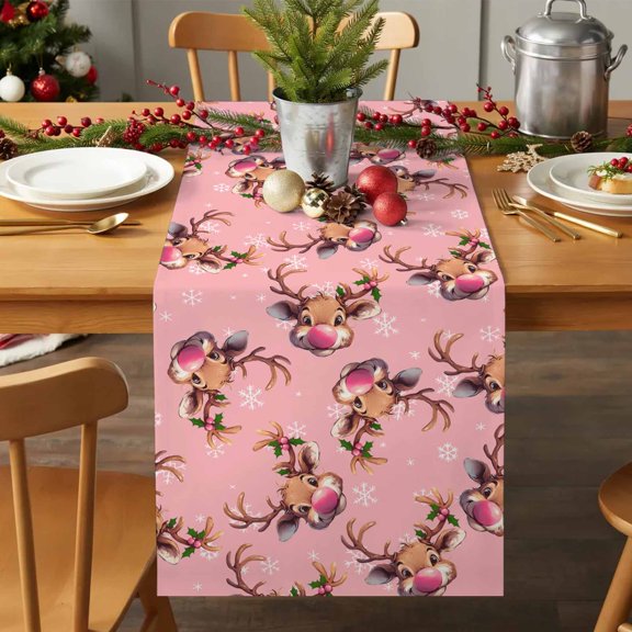 Table Runner 36 Inches Long - Cartoon Reindeer Christmas Snowflakes on Pink Decorative Table Scarf, Xmas Seamless Dining Table Runners for Wedding Party Kitchen Dining Tables